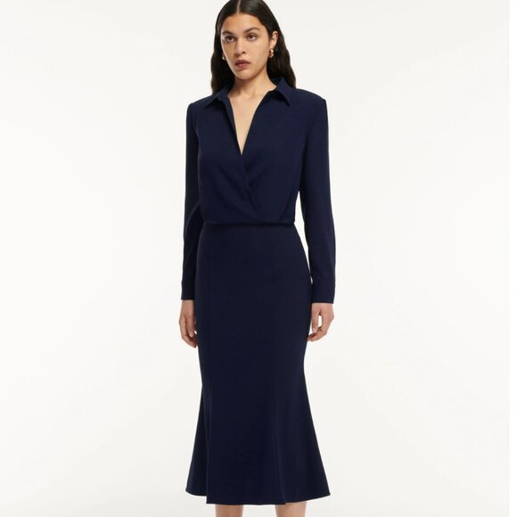 NEW WITH TAG Louland Mouret LONG SLEEVE COLLAR SATIN CREPE MIDI DRESS NAVY US4 - Picture 1 of 9